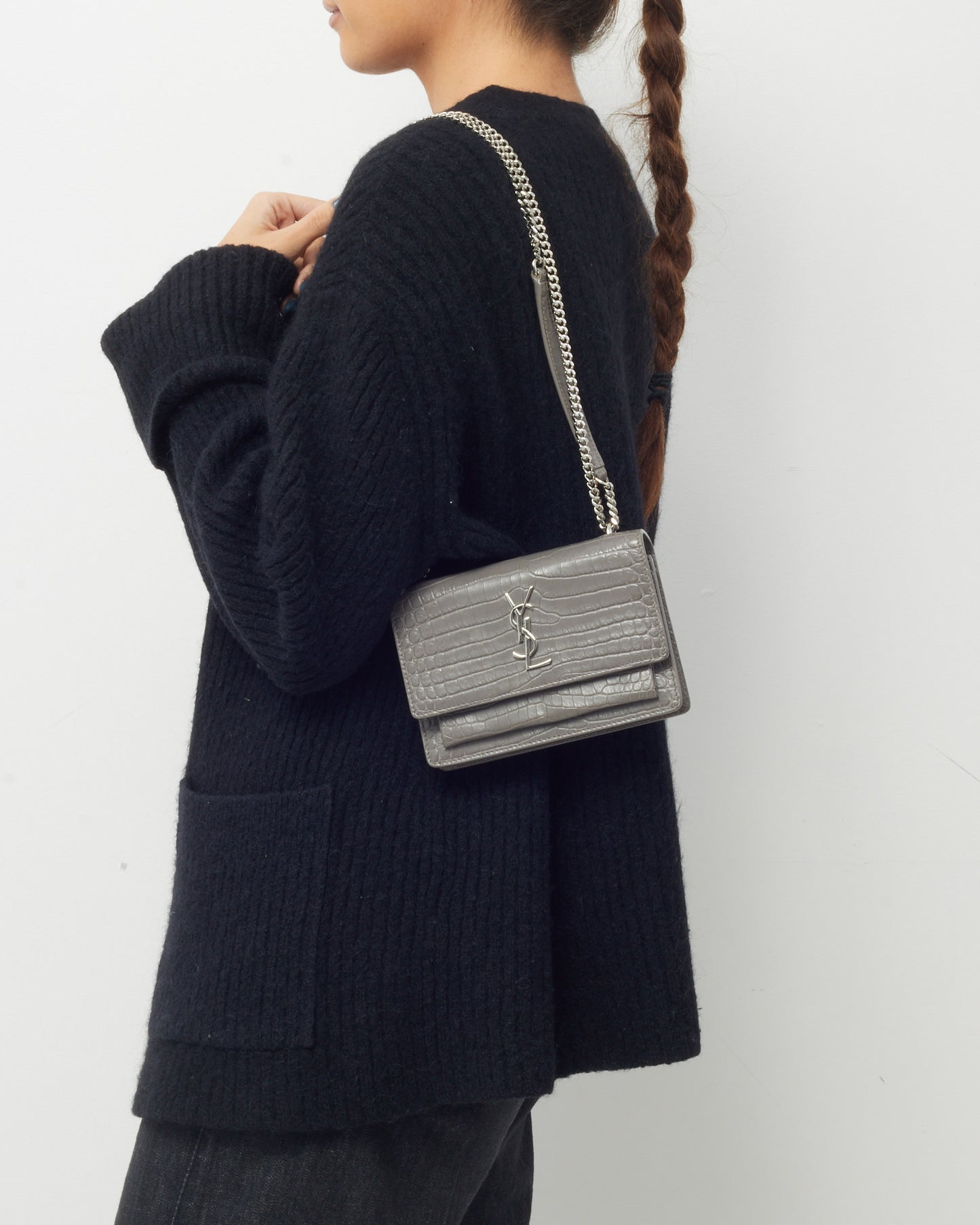 Saint Laurent Grey Patent Croc Embossed Leather Sunset WOC Wallet on Chain Bag