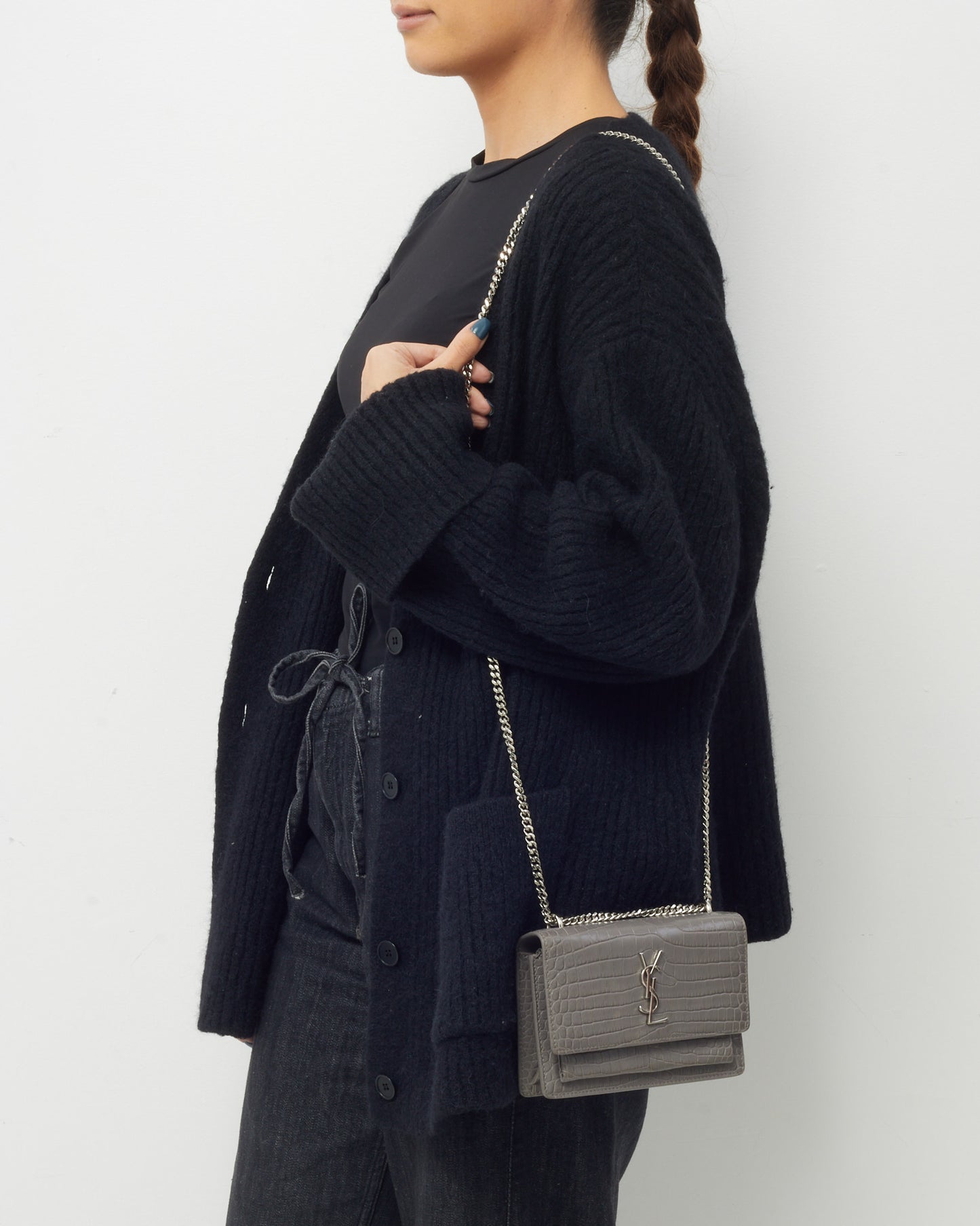 Saint Laurent Grey Patent Croc Embossed Leather Sunset WOC Wallet on Chain Bag