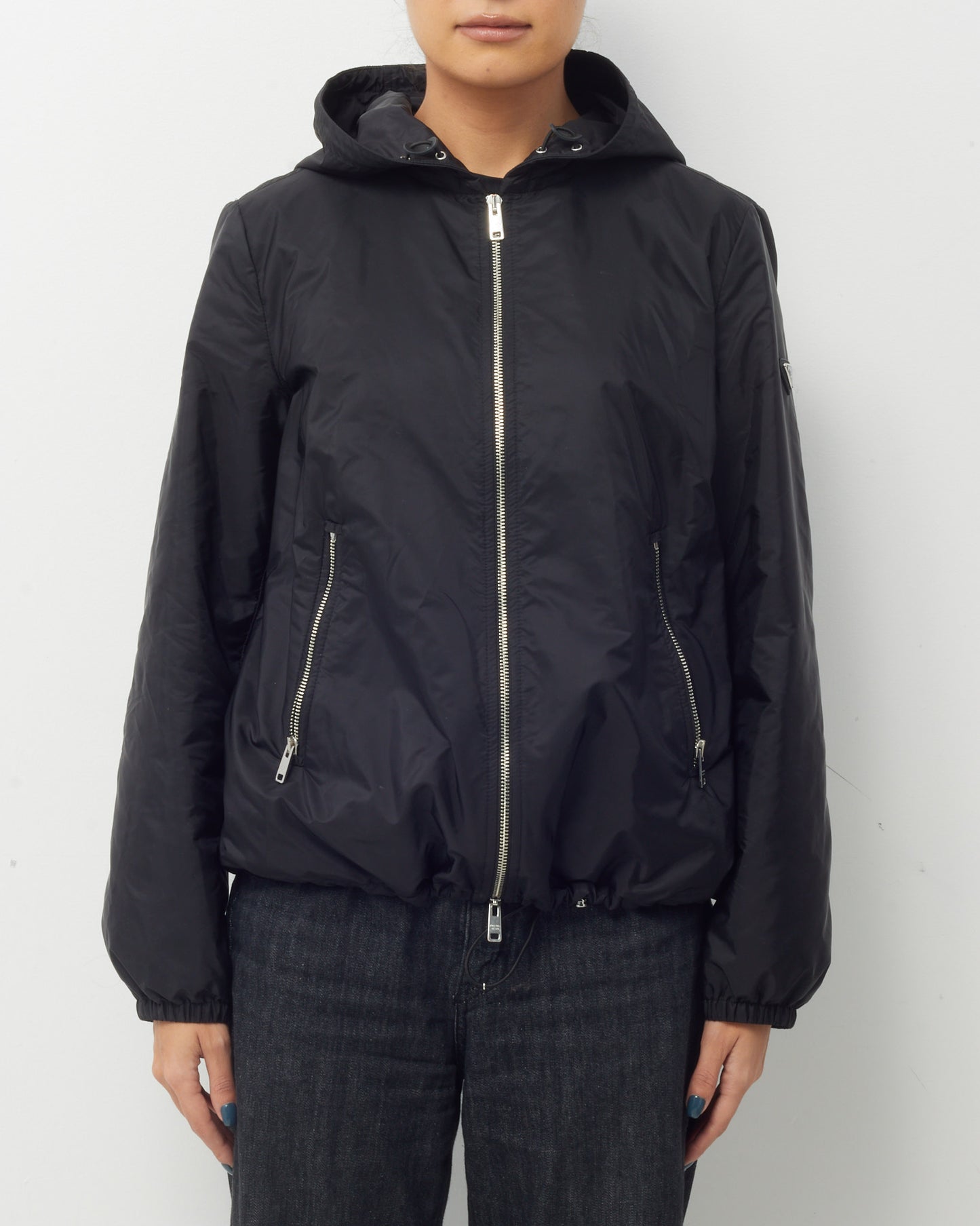 Prada Black Waterproof Insulated Re-Nylon Logo Hooded Bomber Jacket - 44