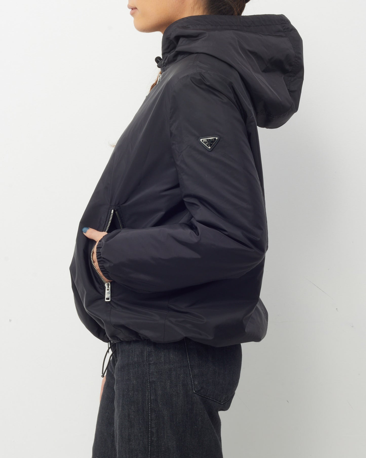 Prada Black Waterproof Insulated Re-Nylon Logo Hooded Bomber Jacket - 44