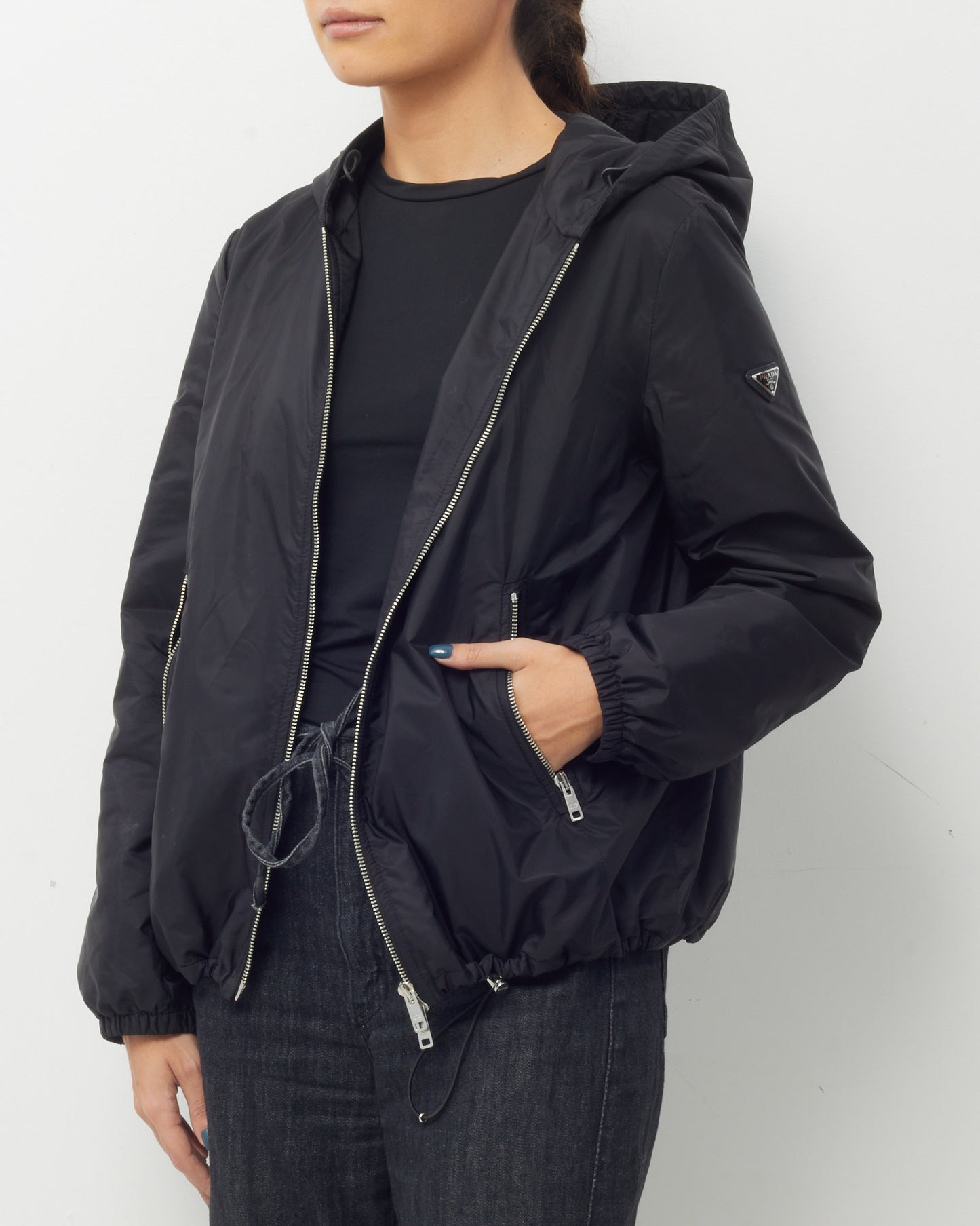 Prada Black Waterproof Insulated Re-Nylon Logo Hooded Bomber Jacket - 44