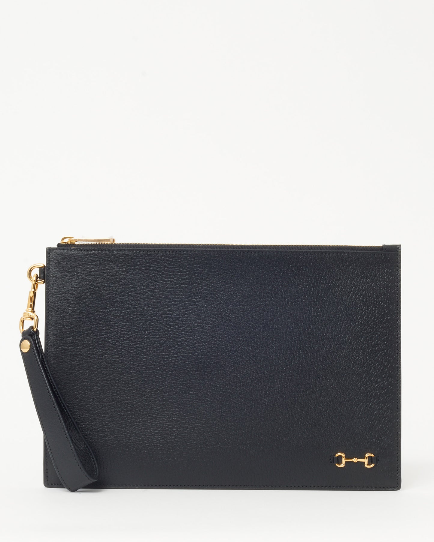 Gucci Black Pebbled Leather Gold 1955 Horsebit Zip Pouch Wristlet Clutch