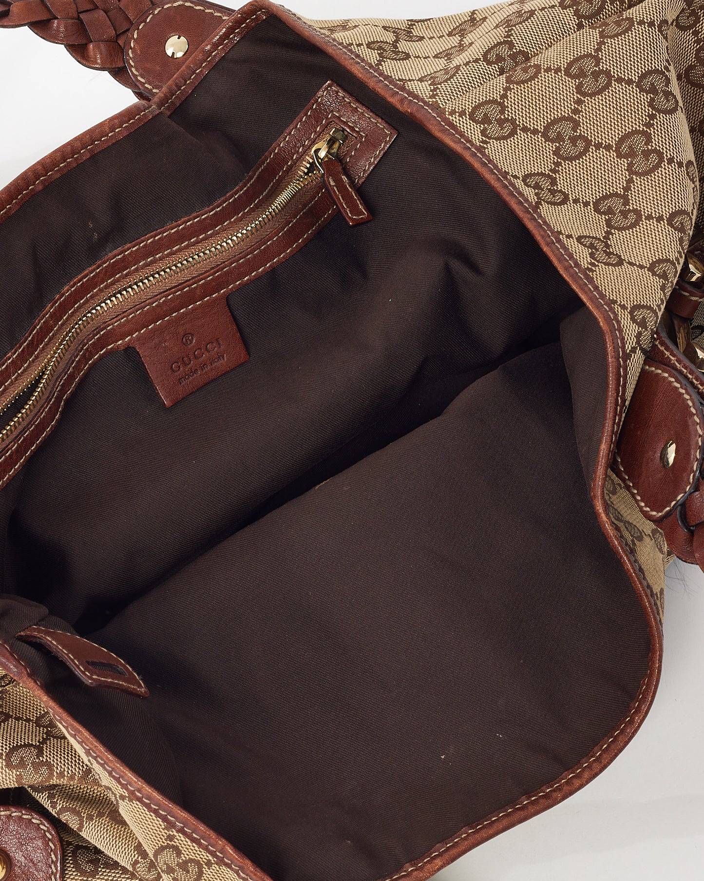 Gucci Brown Leather and Beige/Brown GG Monogram Canvas Medium Pelham Hobo Shoulder Bag