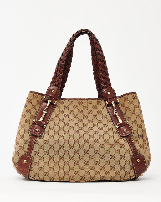 Gucci Brown Leather and Beige/Brown GG Monogram Canvas Medium Pelham Hobo Shoulder Bag
