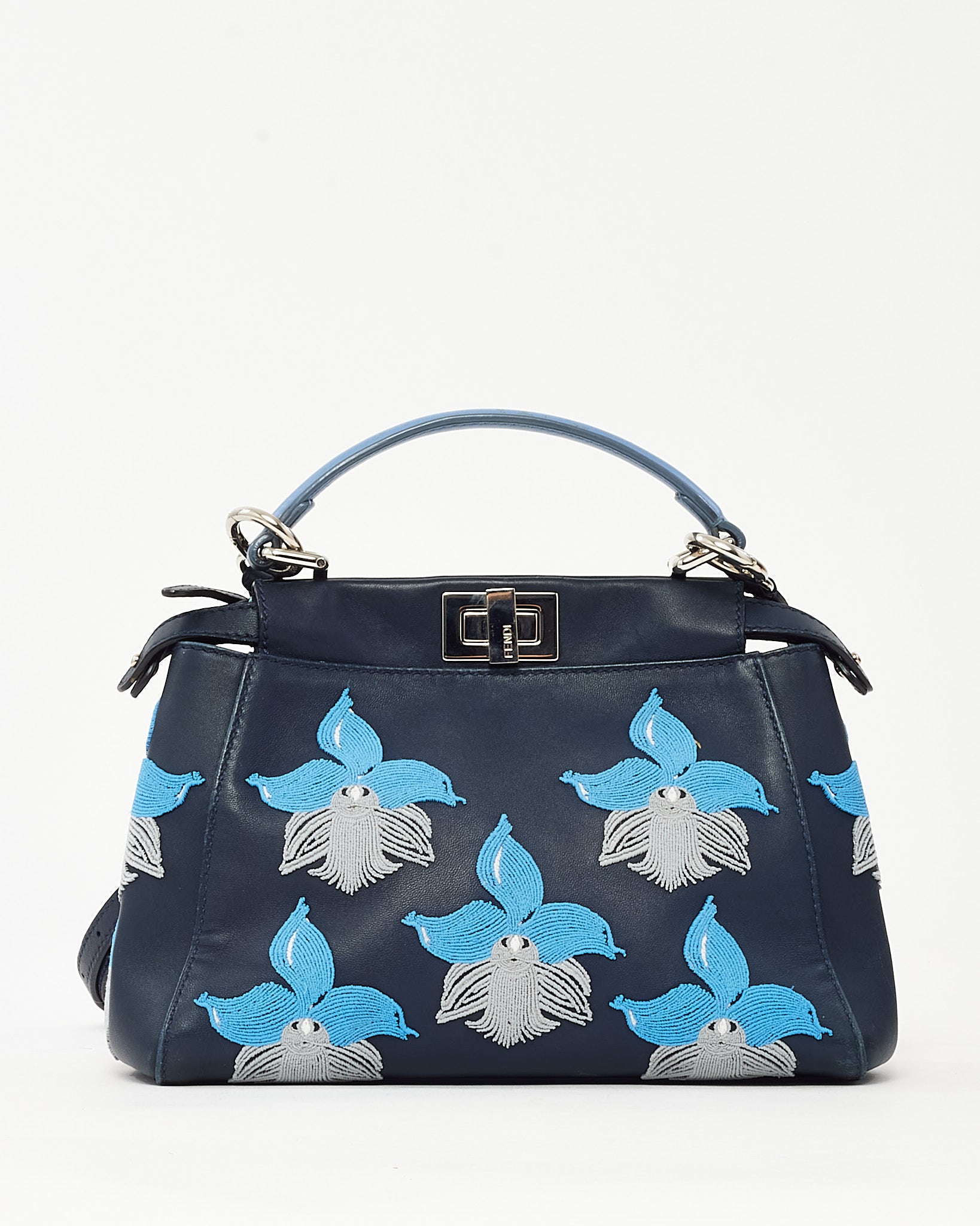 Buy Fendi Navy Leather Blue Embroidered Orchid Mini Peekaboo Tote