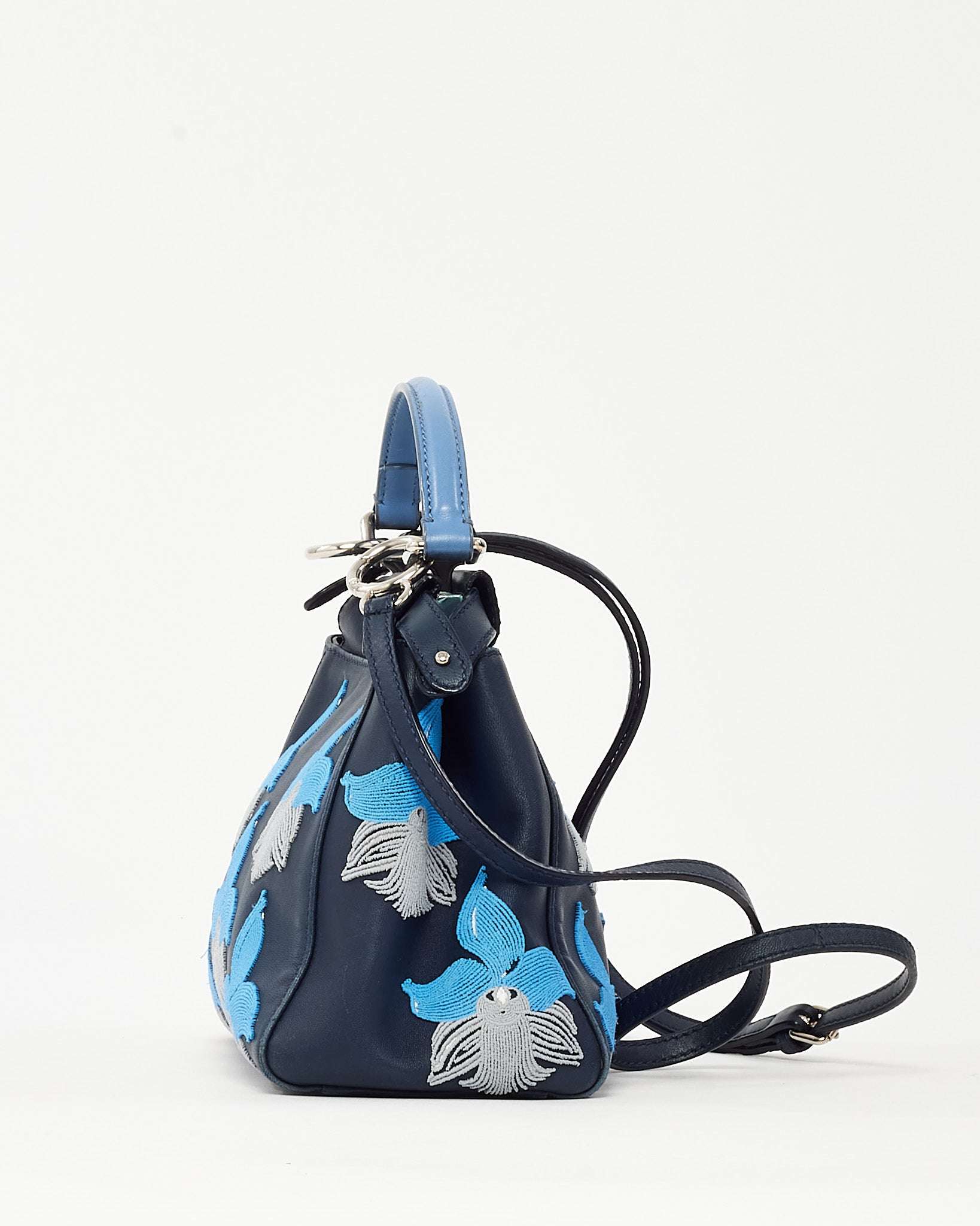 Buy Fendi Navy Leather Blue Embroidered Orchid Mini Peekaboo Tote