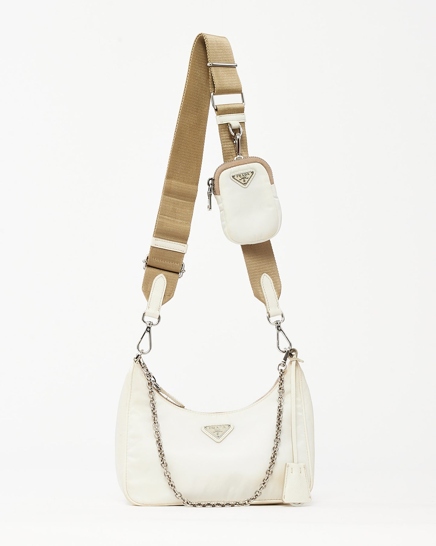 Prada White Re-Nylon 2005 Re-Edition Crossbody Bag with Beige Canvas Strap