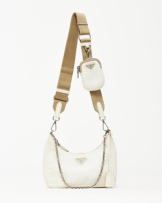 Prada White Re-Nylon 2005 Re-Edition Crossbody Bag with Beige Canvas Strap
