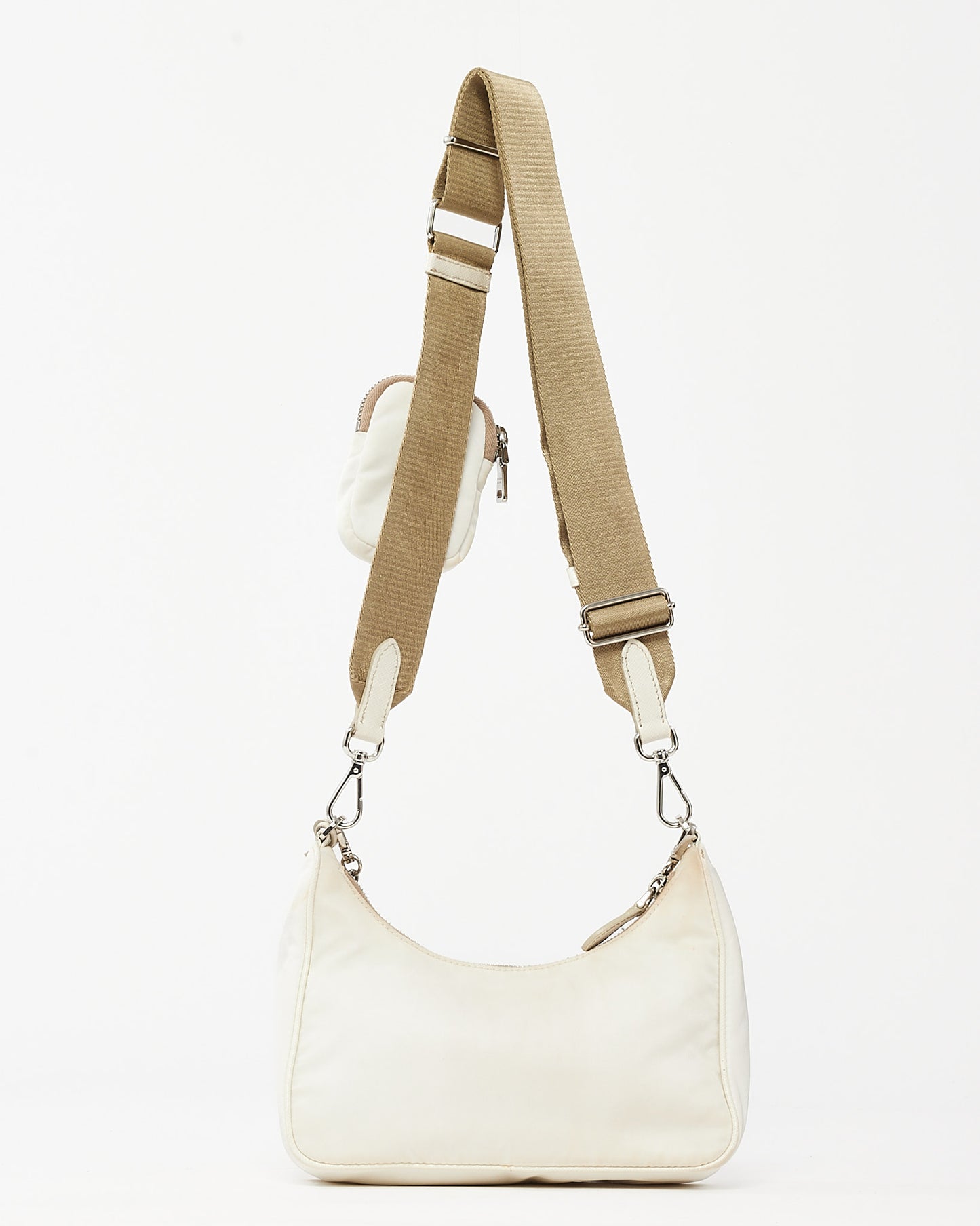 Prada White Re-Nylon 2005 Re-Edition Crossbody Bag with Beige Canvas Strap