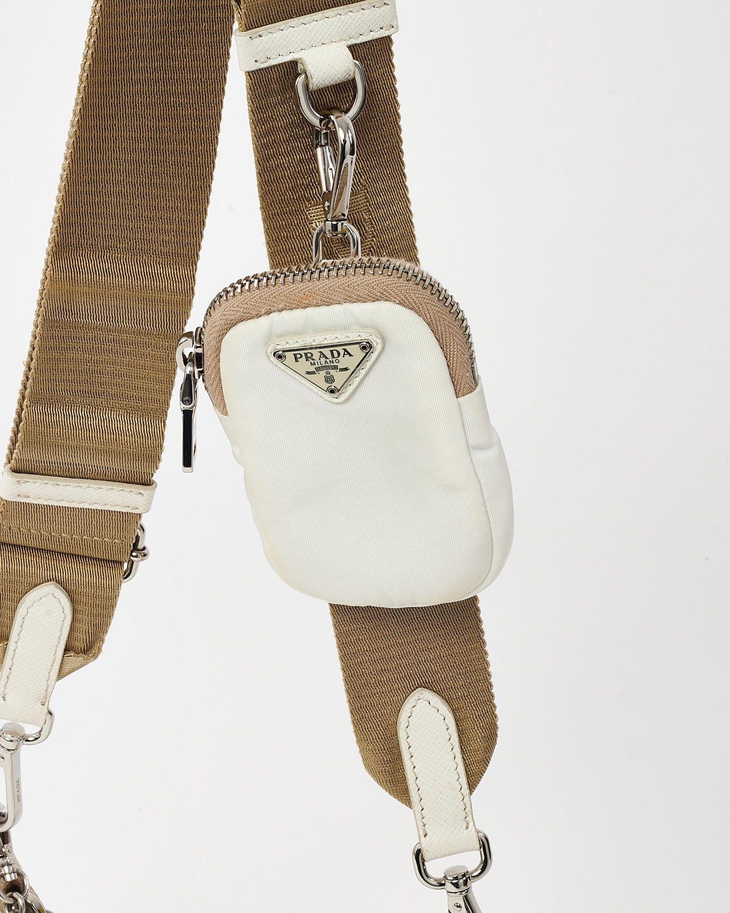 Prada White Re-Nylon 2005 Re-Edition Crossbody Bag with Beige Canvas Strap