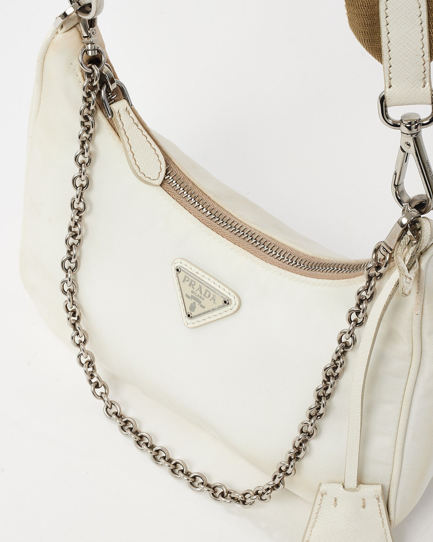 Prada White Re-Nylon 2005 Re-Edition Crossbody Bag with Beige Canvas Strap