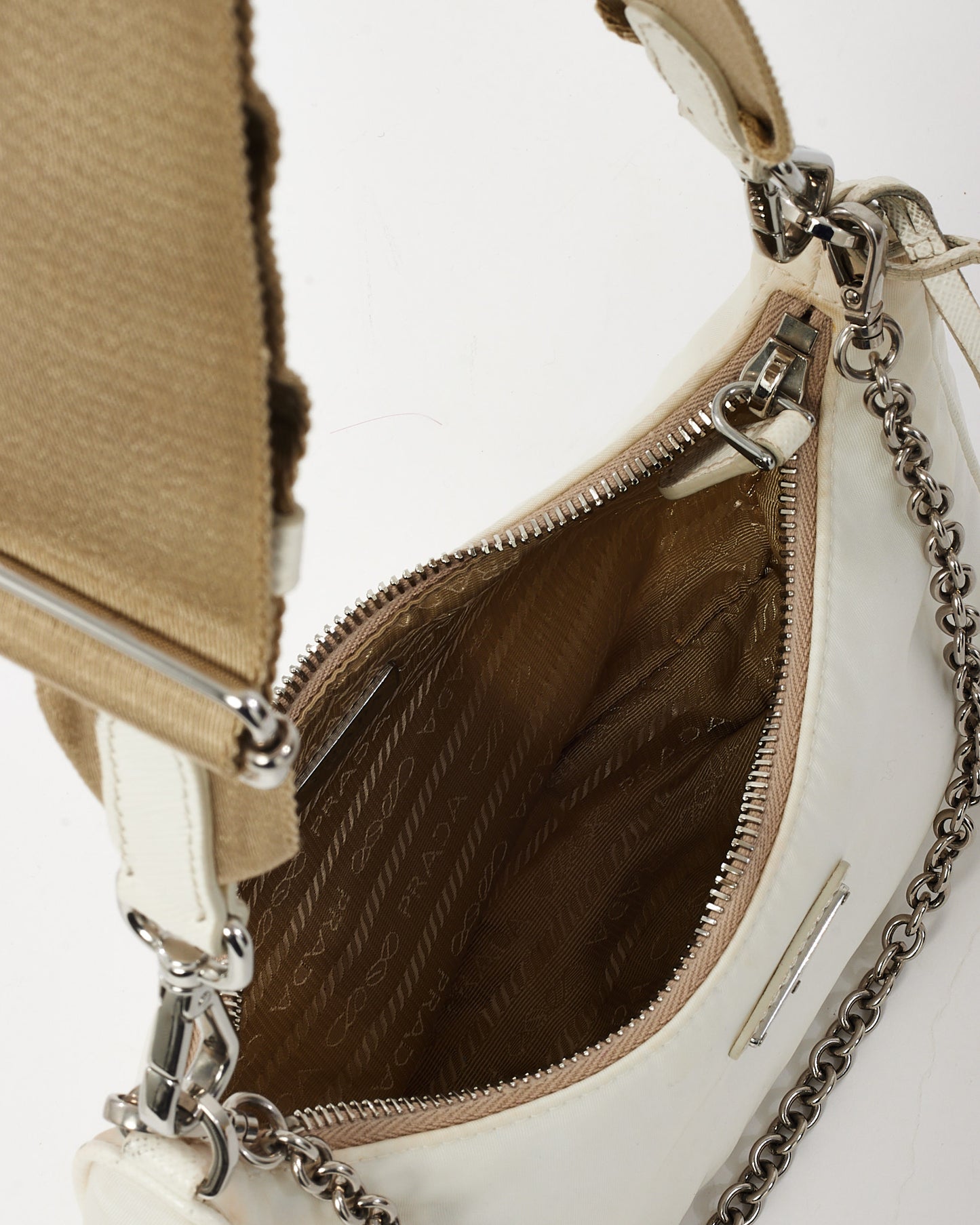 Prada White Re-Nylon 2005 Re-Edition Crossbody Bag with Beige Canvas Strap