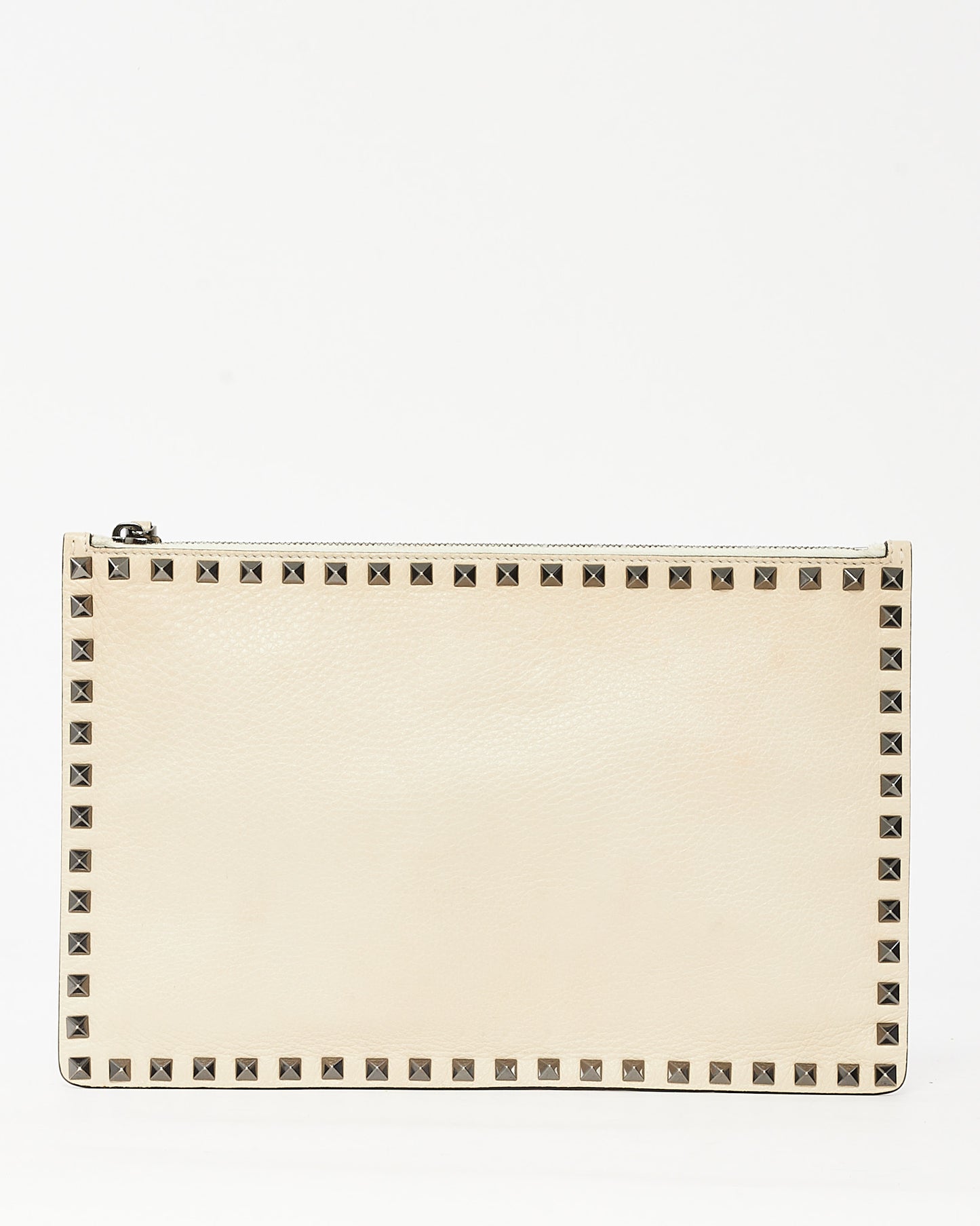 Valentino Beige Grained Leather Gunmetal Rockstud Zip Wristlet Clutch