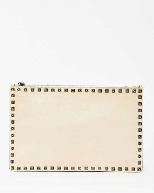 Valentino Beige Grained Leather Gunmetal Rockstud Zip Wristlet Clutch