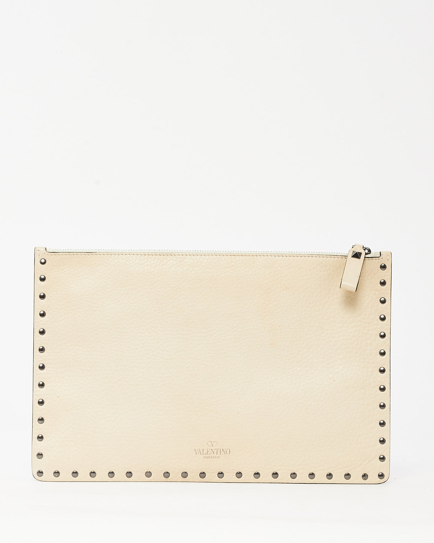 Valentino Beige Grained Leather Gunmetal Rockstud Zip Wristlet Clutch