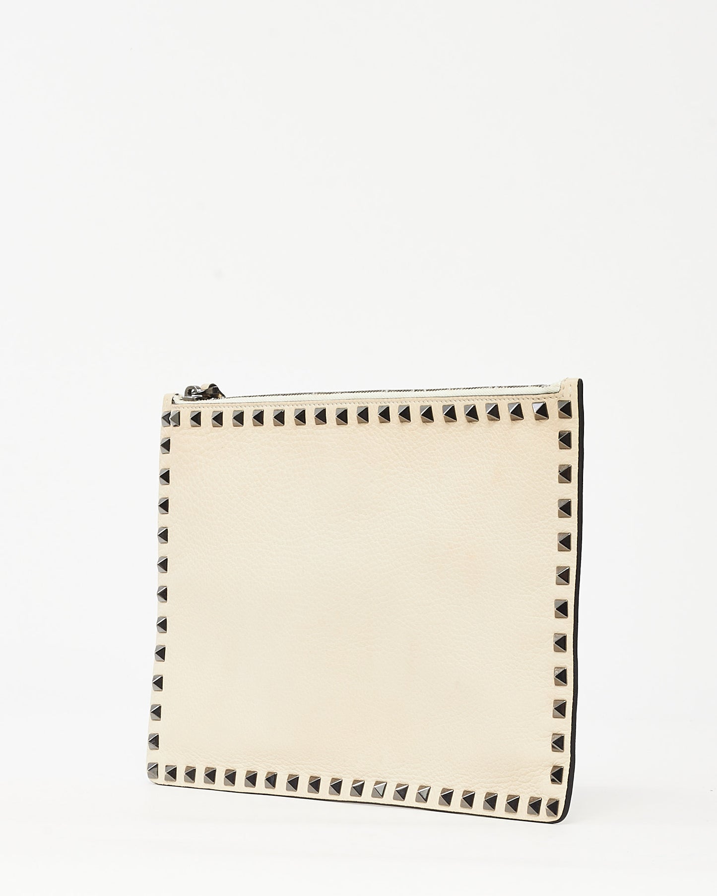 Valentino Beige Grained Leather Gunmetal Rockstud Zip Wristlet Clutch
