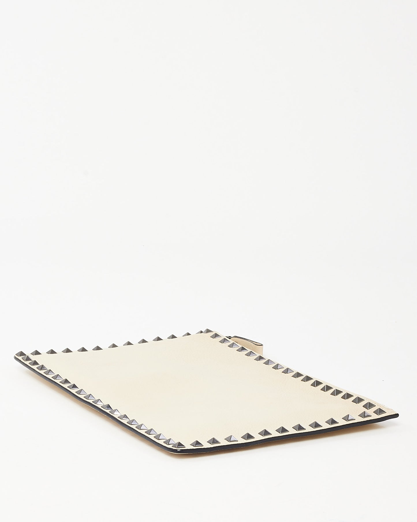 Valentino Beige Grained Leather Gunmetal Rockstud Zip Wristlet Clutch
