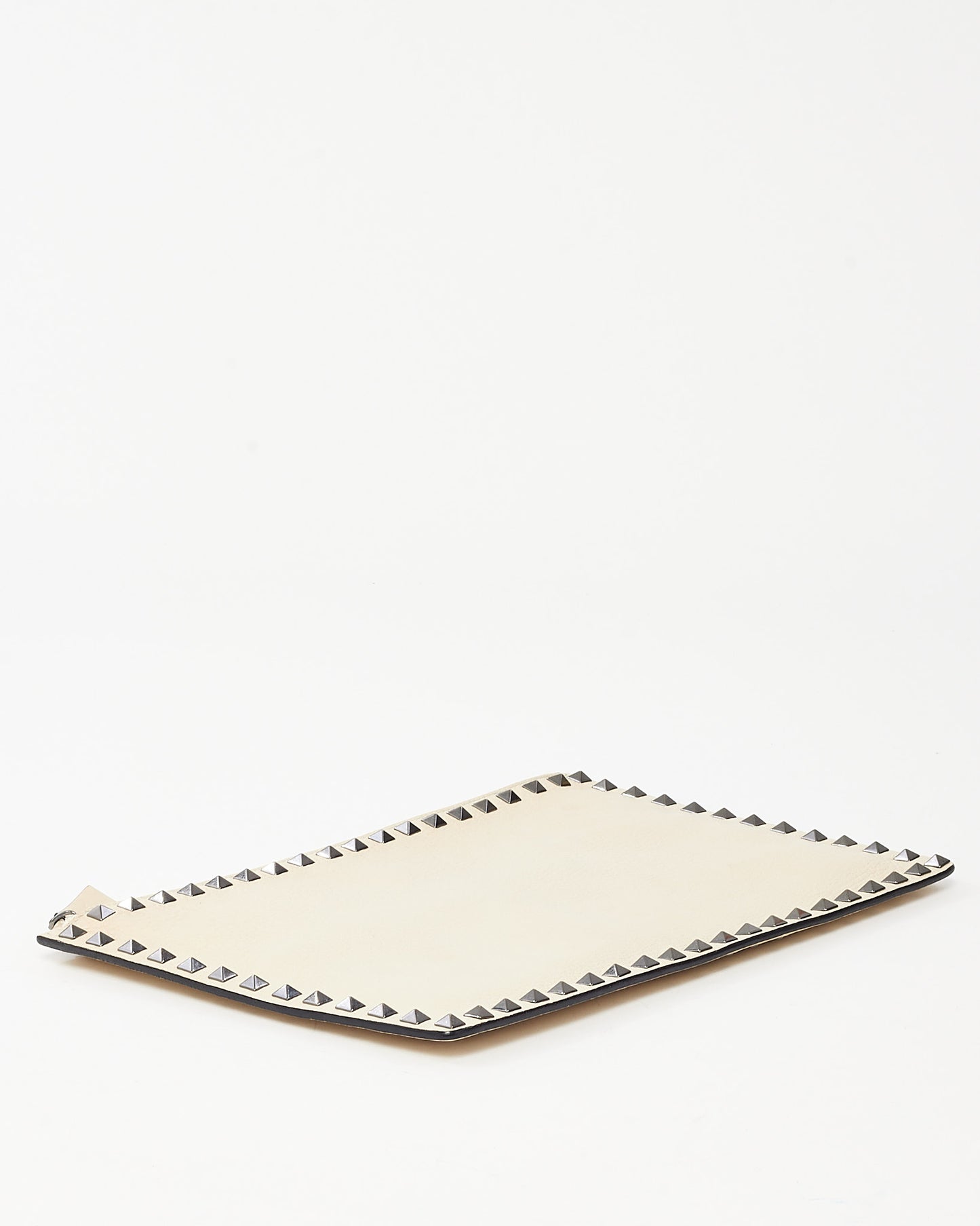 Valentino Beige Grained Leather Gunmetal Rockstud Zip Wristlet Clutch