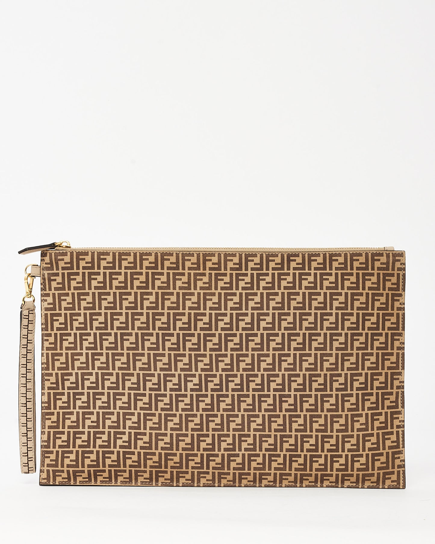 Fendi Beige and Brown Nude Spring Maya Suede Vitello Grace Micro FF Large Flat Wristlet Pouch