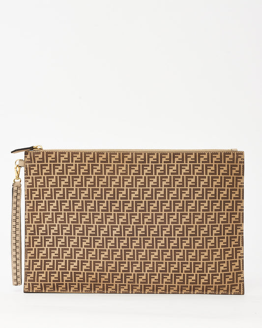 Fendi Beige and Brown Nude Spring Maya Suede Vitello Grace Micro FF Large Flat Wristlet Pouch