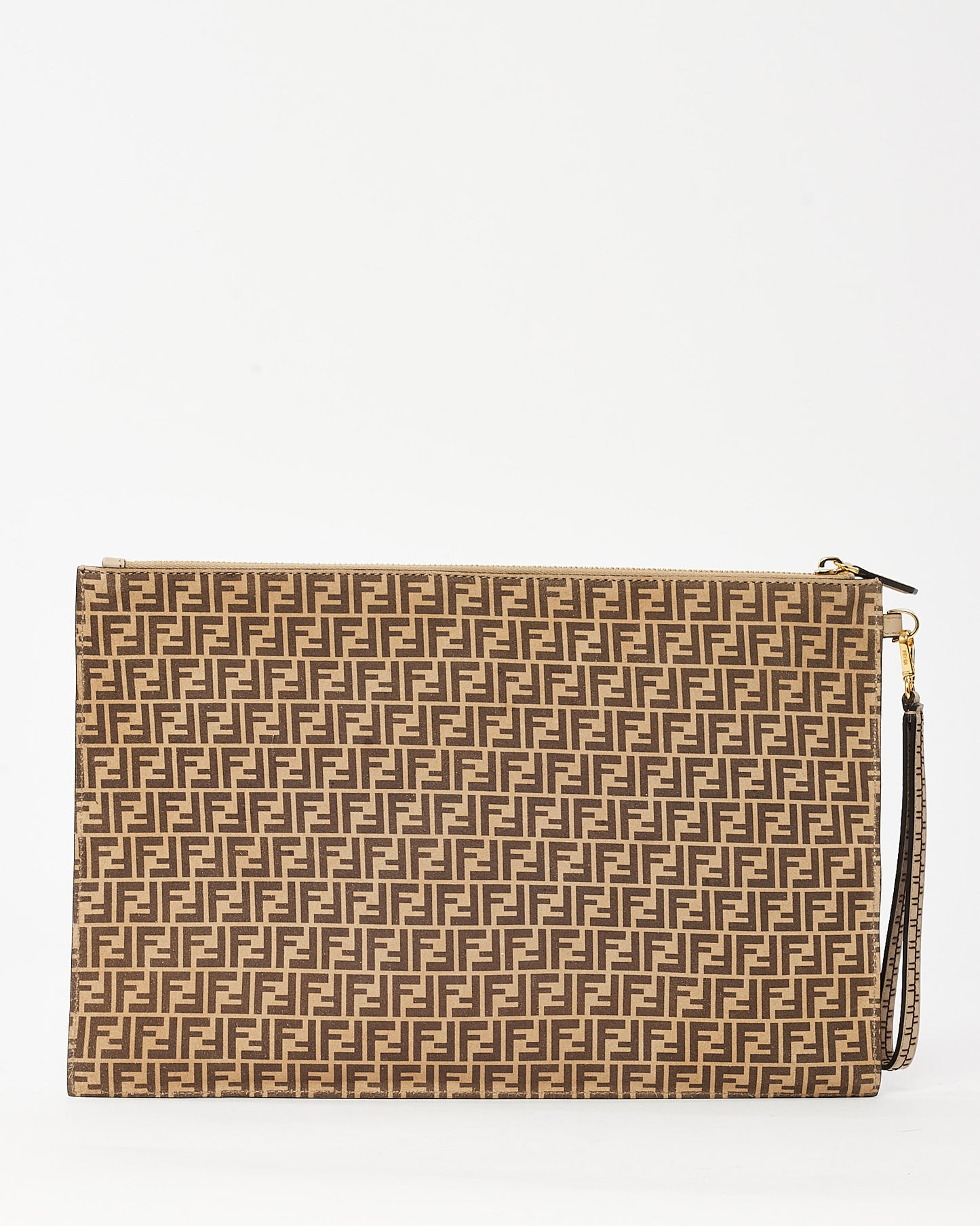 Fendi Beige and Brown Nude Spring Maya Suede Vitello Grace Micro FF Large Flat Wristlet Pouch