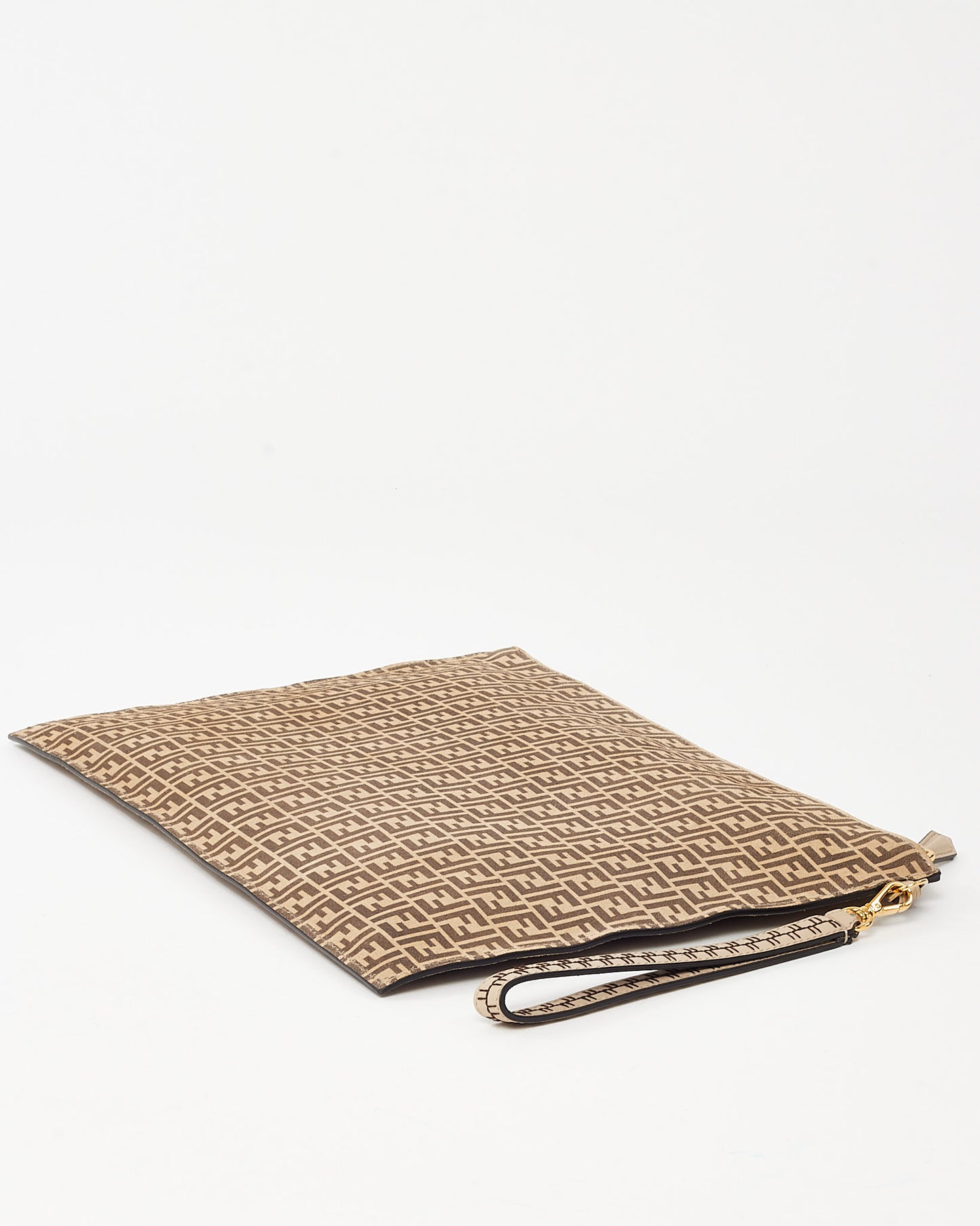 Fendi Beige and Brown Nude Spring Maya Suede Vitello Grace Micro FF Large Flat Wristlet Pouch