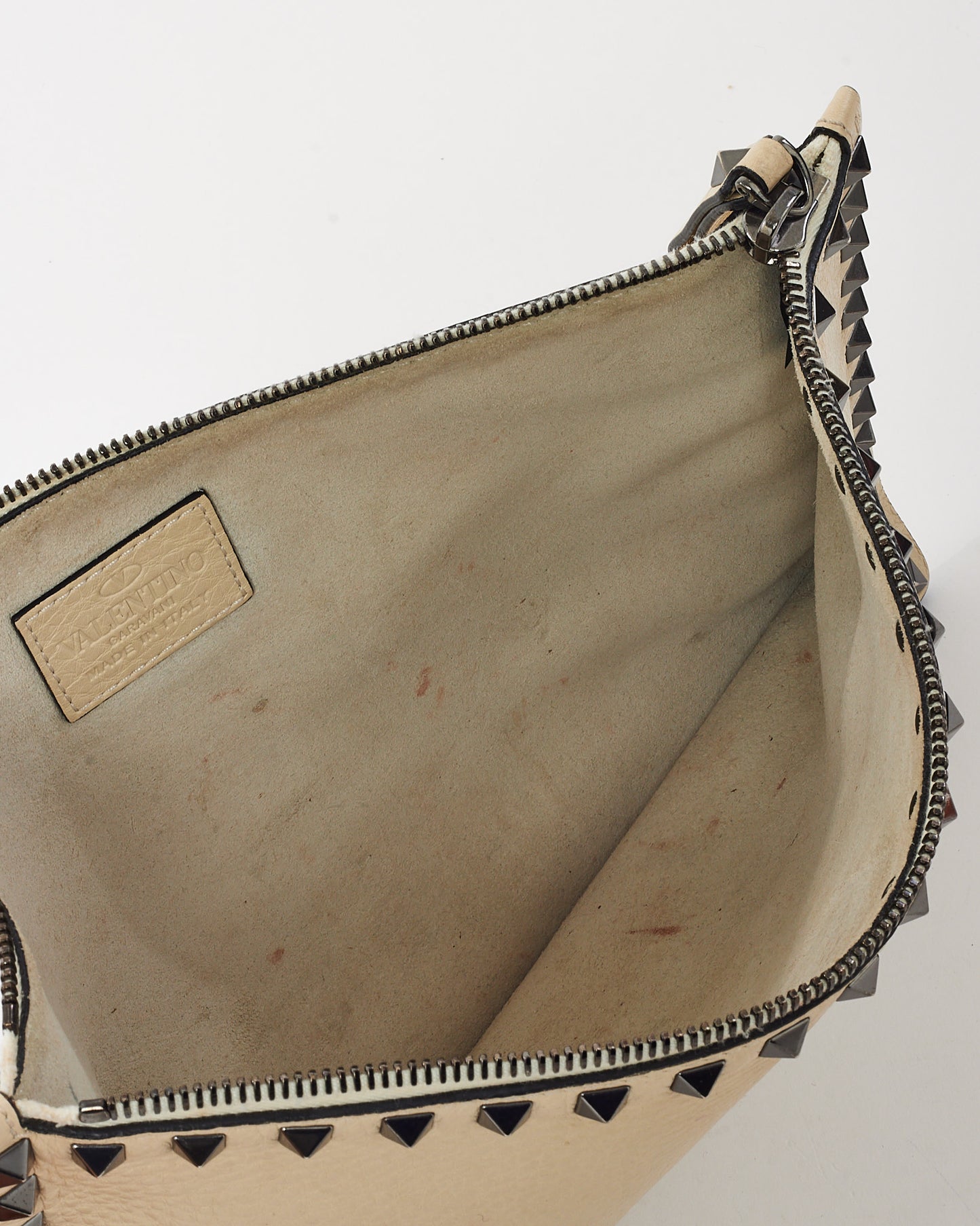 Valentino Beige Grained Leather Gunmetal Rockstud Zip Wristlet Clutch