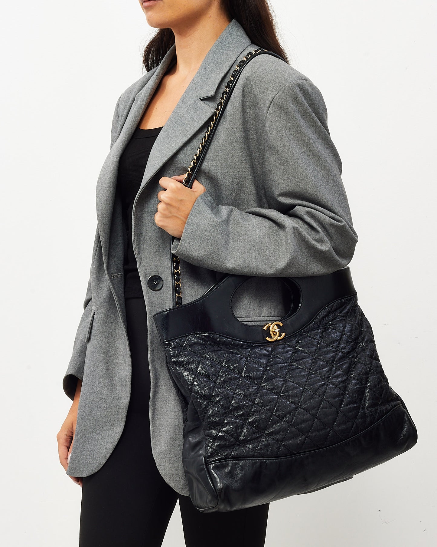 Chanel Black Aged Quilted Calfskin Leather Large Chanel 31 Bag GHW