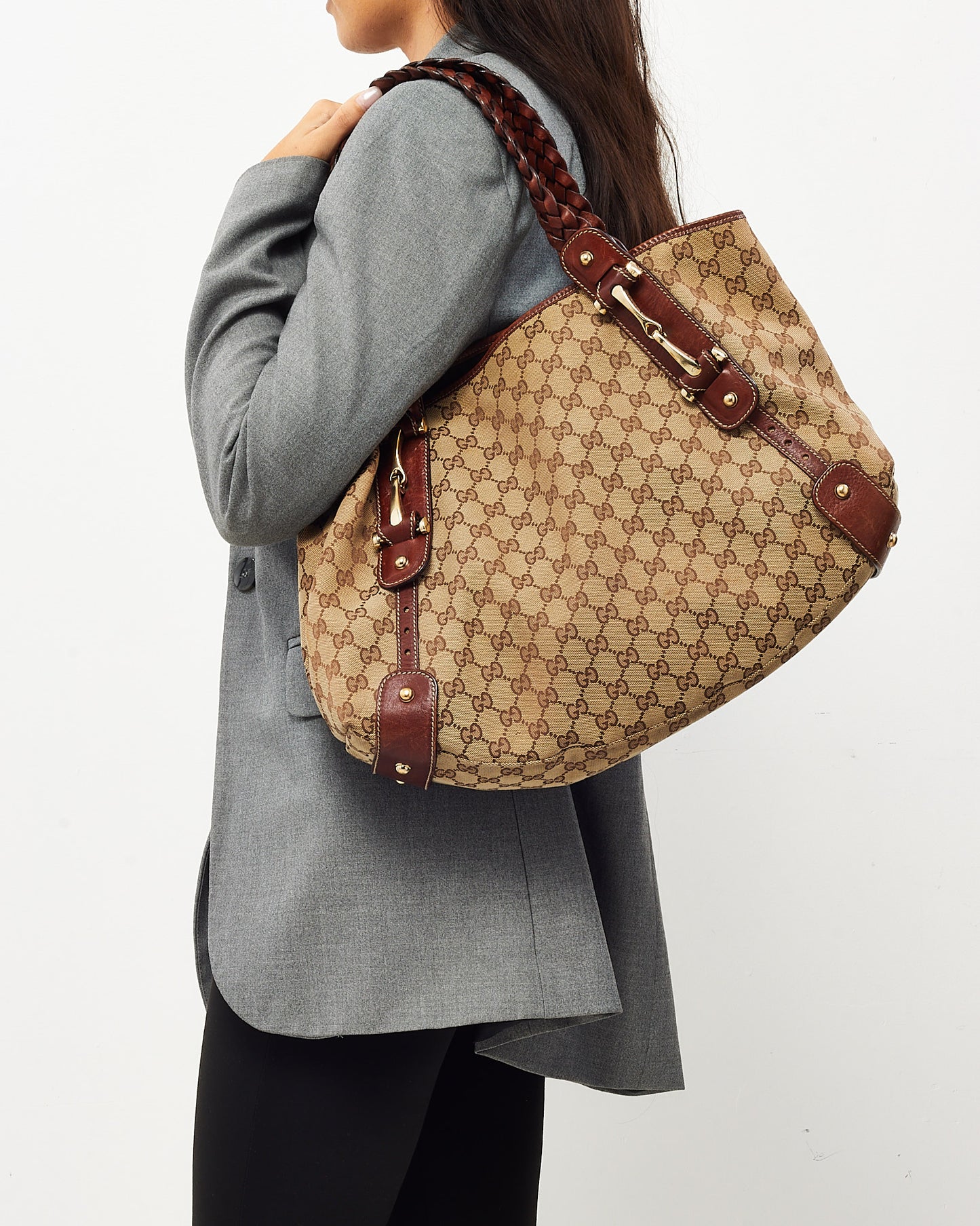 Gucci Brown Leather and Beige/Brown GG Monogram Canvas Medium Pelham Hobo Shoulder Bag