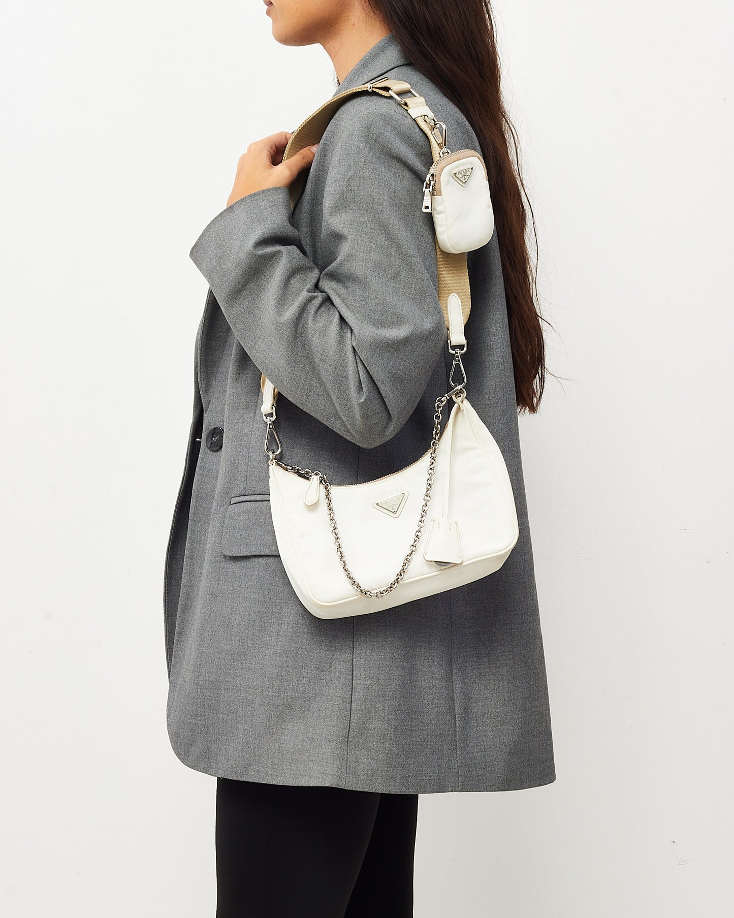Prada White Re-Nylon 2005 Re-Edition Crossbody Bag with Beige Canvas Strap