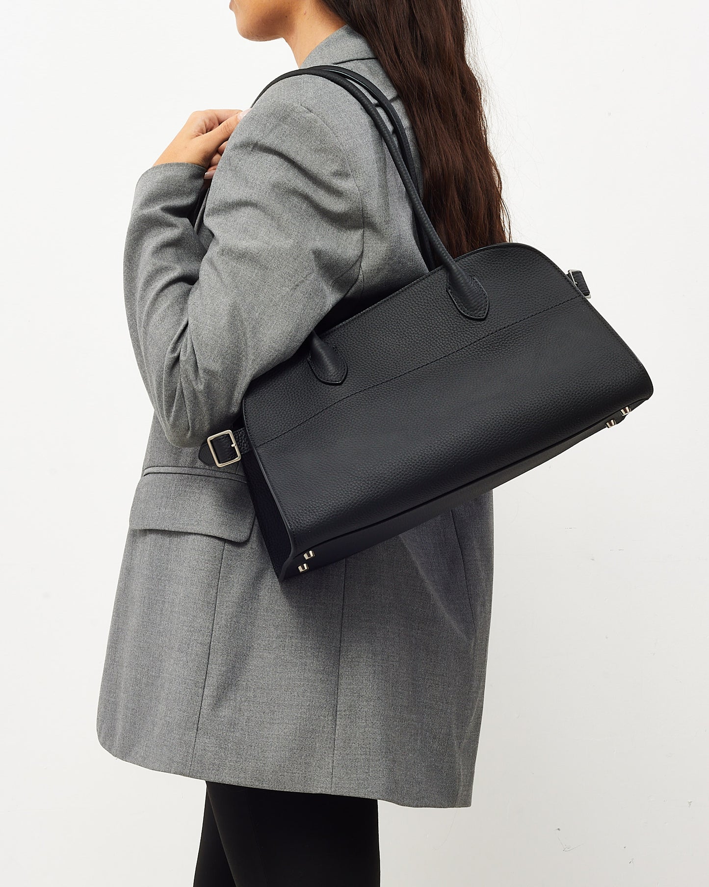 The Row Black Grained Leather Margaux 12 E/W Shoulder Bag