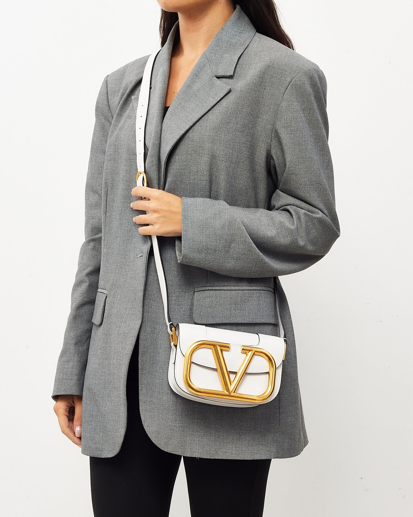 Valentino White Calfskin Leather Small SuperVee Logo Crossbody Bag