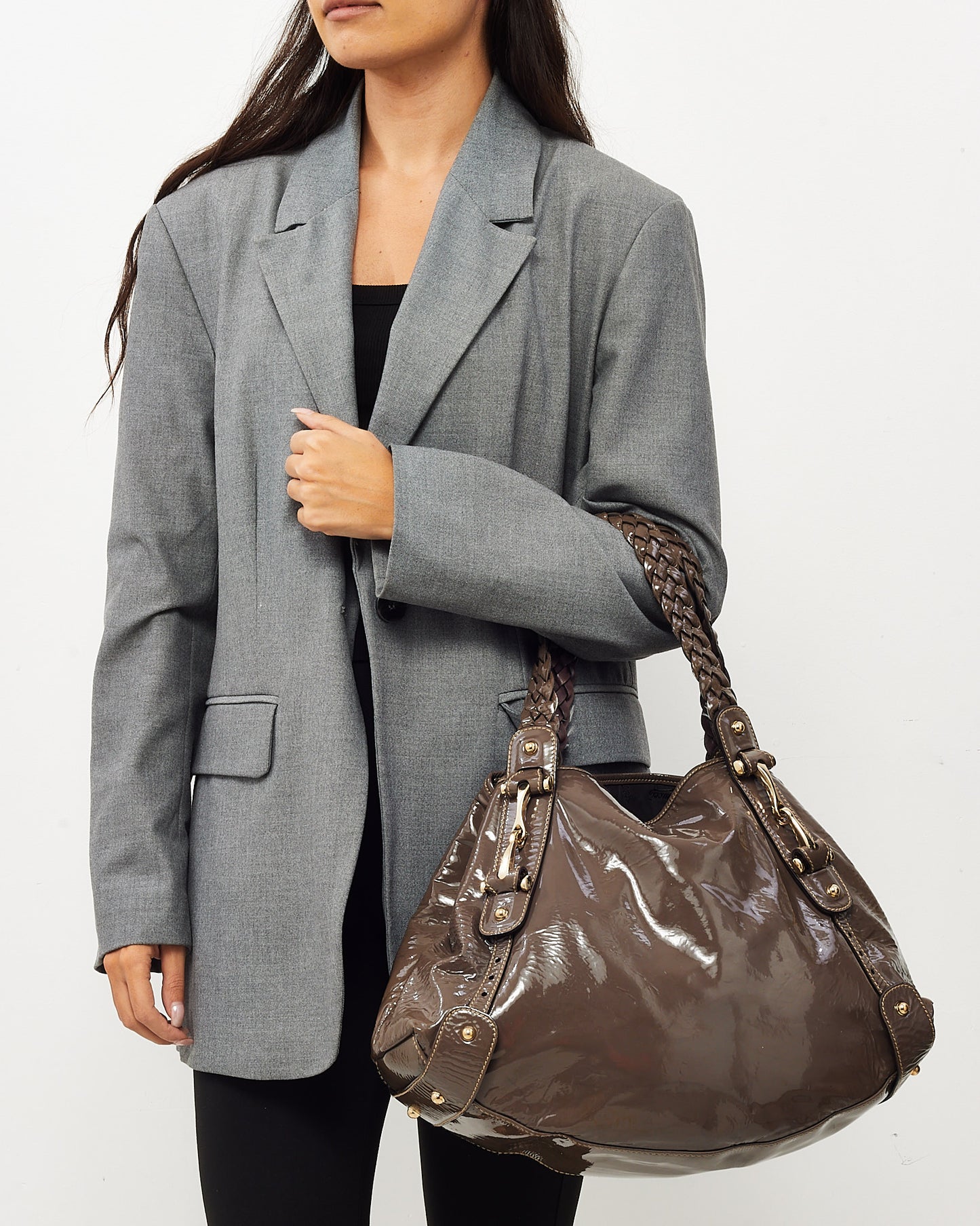 Gucci Grey Patent Leather Medium Pelham Hobo Shoulder Bag