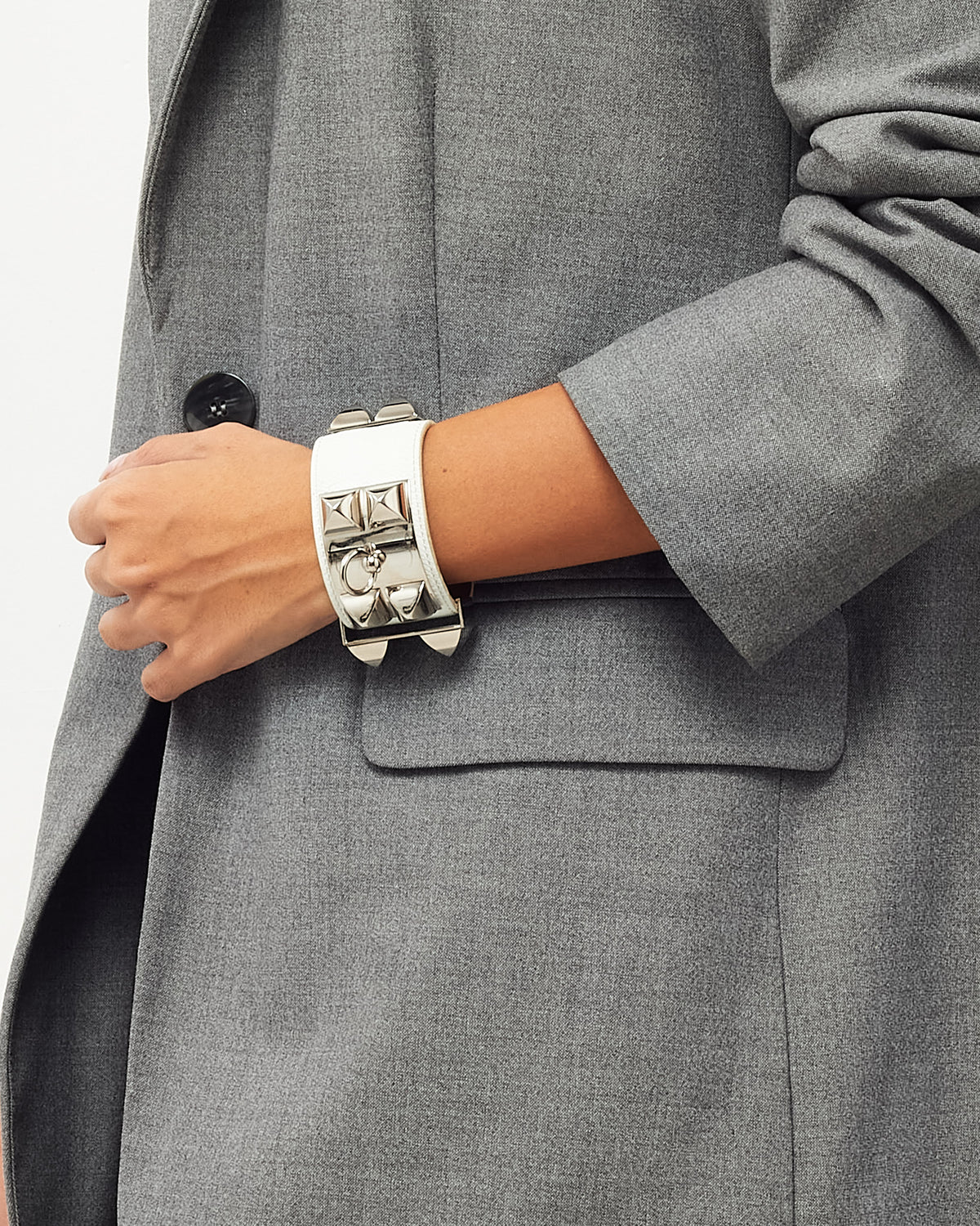 Hermès White Leather SHW CDC Collier de Chien Bracelet - S