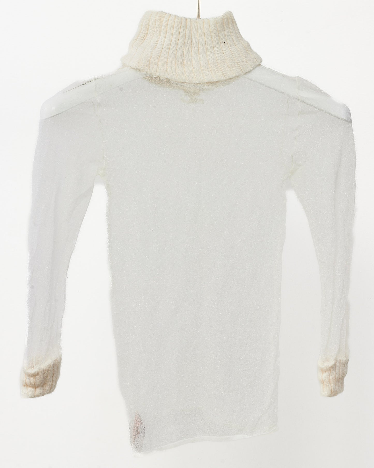 Courrèges 70's Vintage White Knit and Sheer Mesh Logo Long-Sleeve Turtleneck - XS