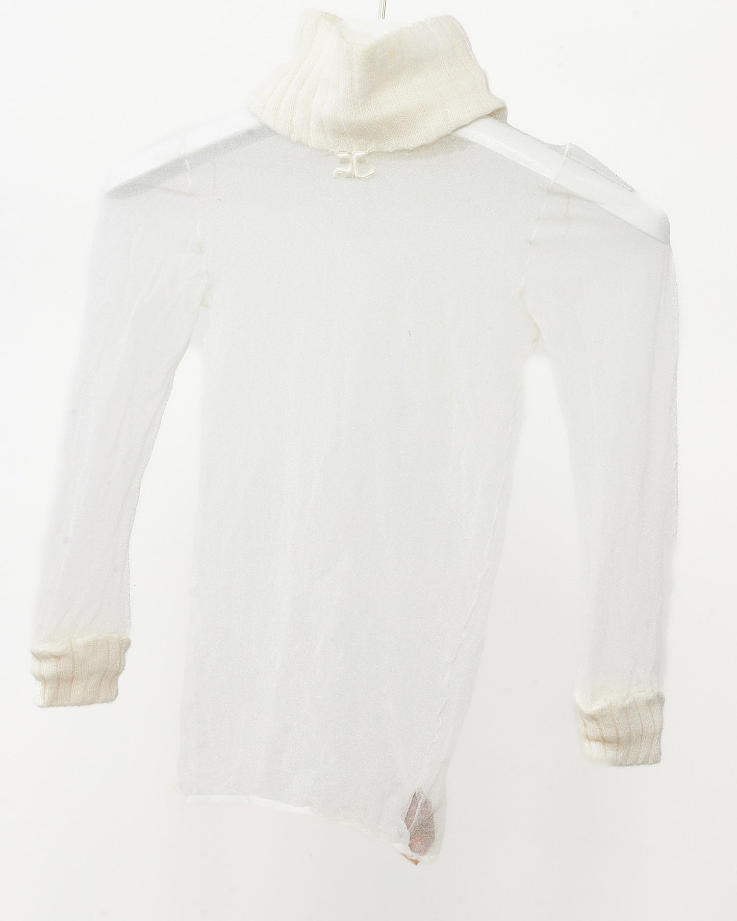 Courrèges 70's Vintage White Knit and Sheer Mesh Logo Long-Sleeve Turtleneck - XS