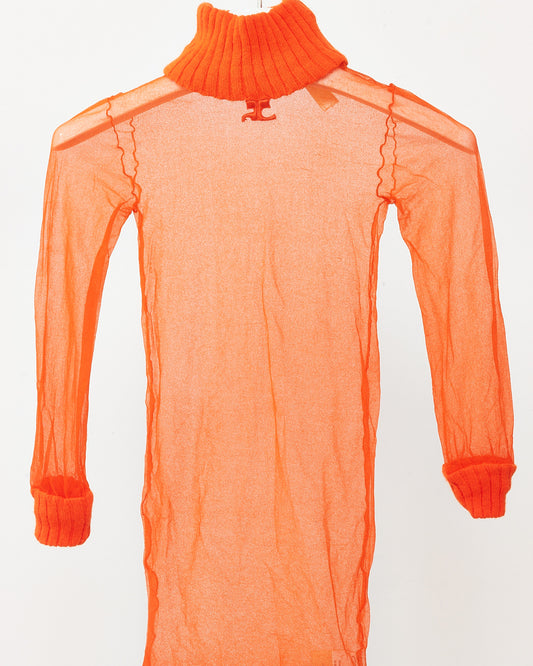 Courrèges 70's Vintage Brick Orange and Sheer Mesh Logo Long-Sleeve Turtleneck - XS