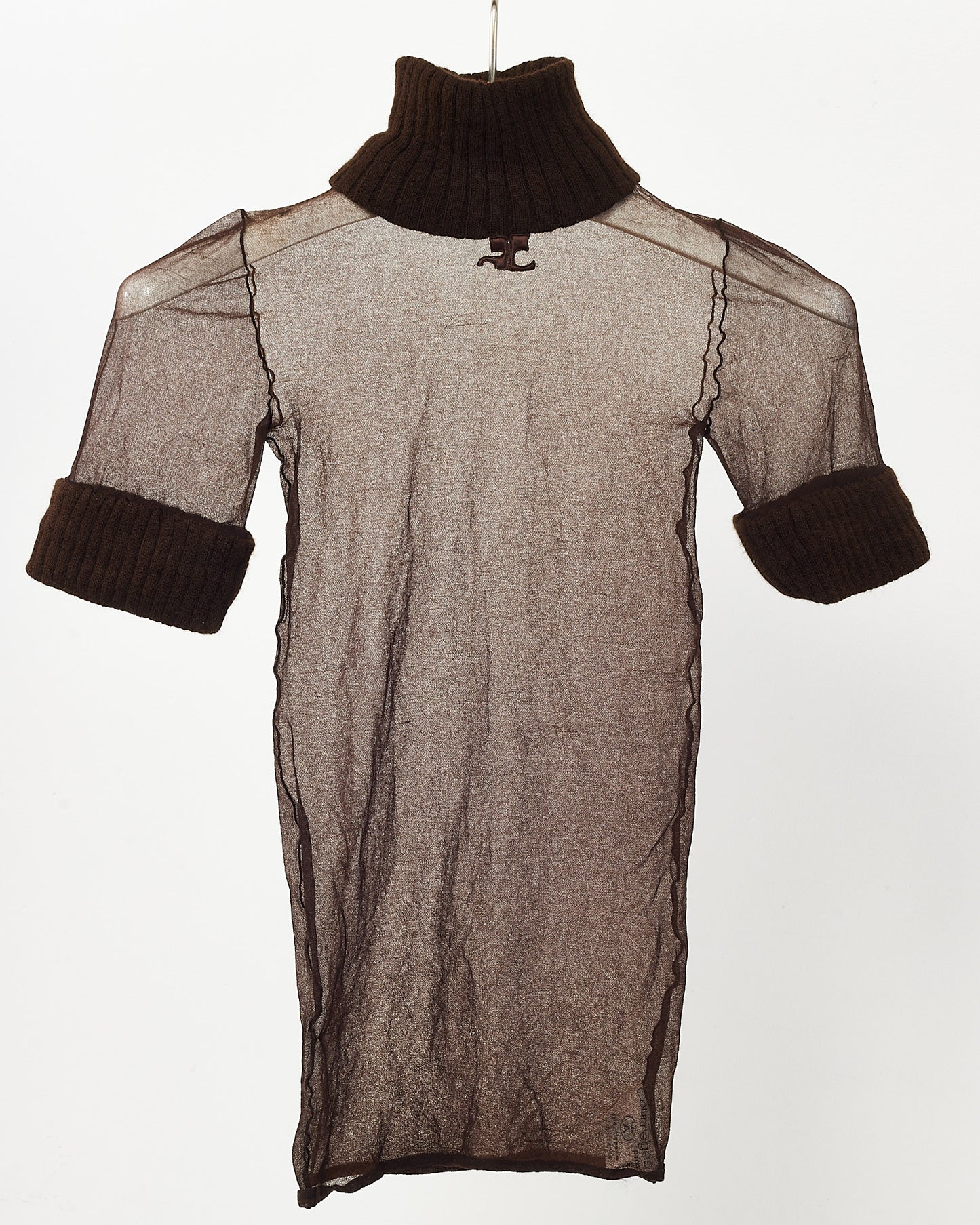 Courrèges 70's Vintage Brown Knit and Sheer Mesh Logo Short-Sleeve Turtleneck - XS