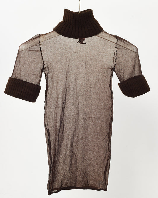 Courrèges 70's Vintage Brown Knit and Sheer Mesh Logo Short-Sleeve Turtleneck - XS