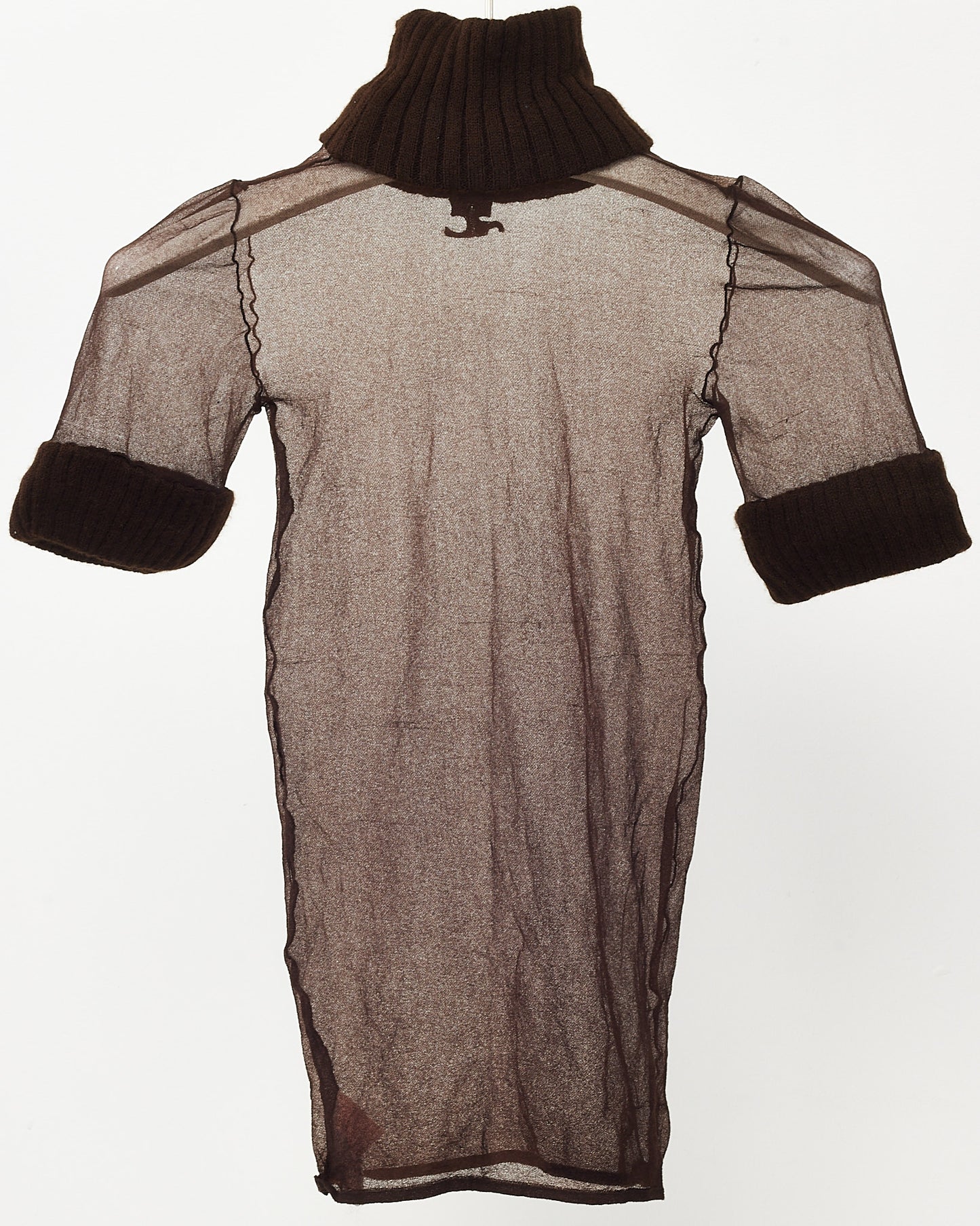 Courrèges 70's Vintage Brown Knit and Sheer Mesh Logo Short-Sleeve Turtleneck - XS