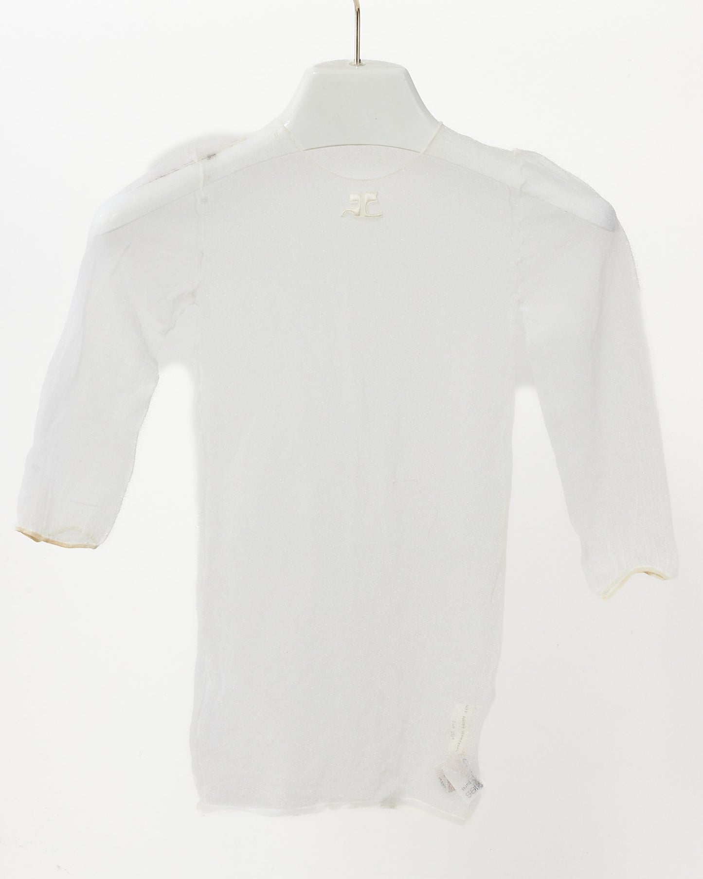 Courrèges 70's Vintage White Sheer Mesh Logo 3/4 Top - XS