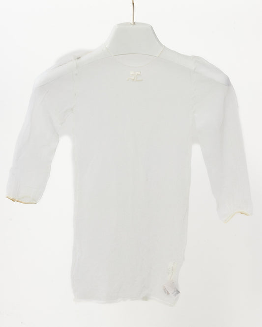Courrèges 70's Vintage White Sheer Mesh Logo 3/4 Top - XS
