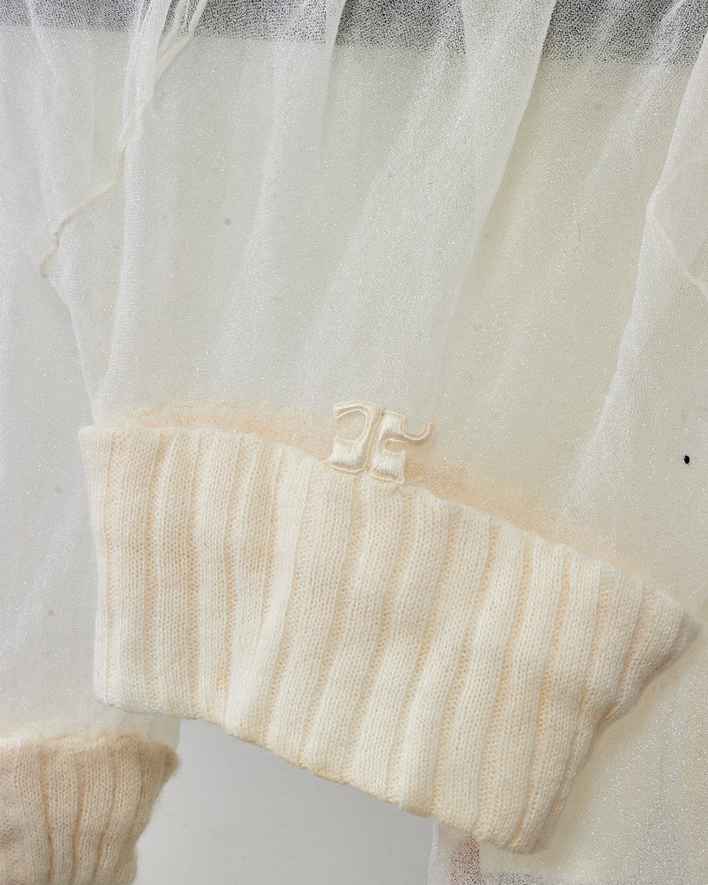 Courrèges 70's Vintage White Knit and Sheer Mesh Logo Long-Sleeve Turtleneck - XS