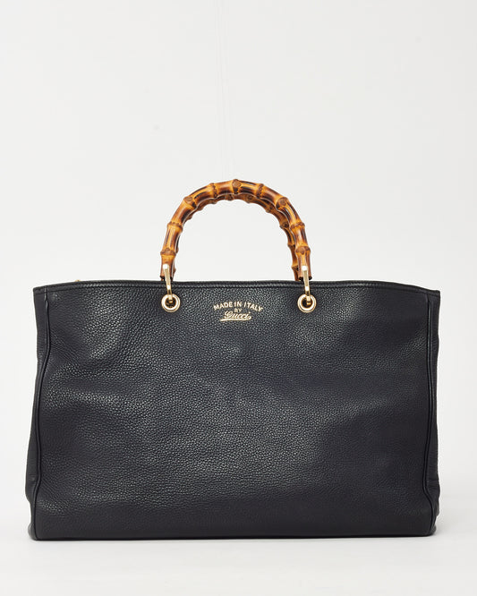 Gucci Black Pebbled Calfskin Leather Large Bamboo Handle Shopper Tote with Strap