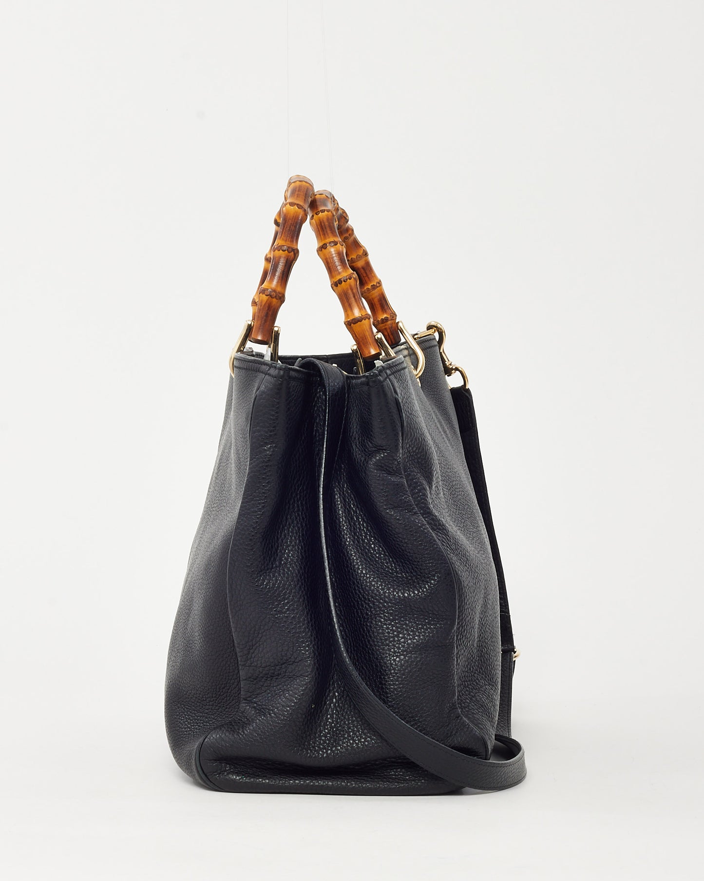 Gucci Black Pebbled Calfskin Leather Large Bamboo Handle Shopper Tote with Strap