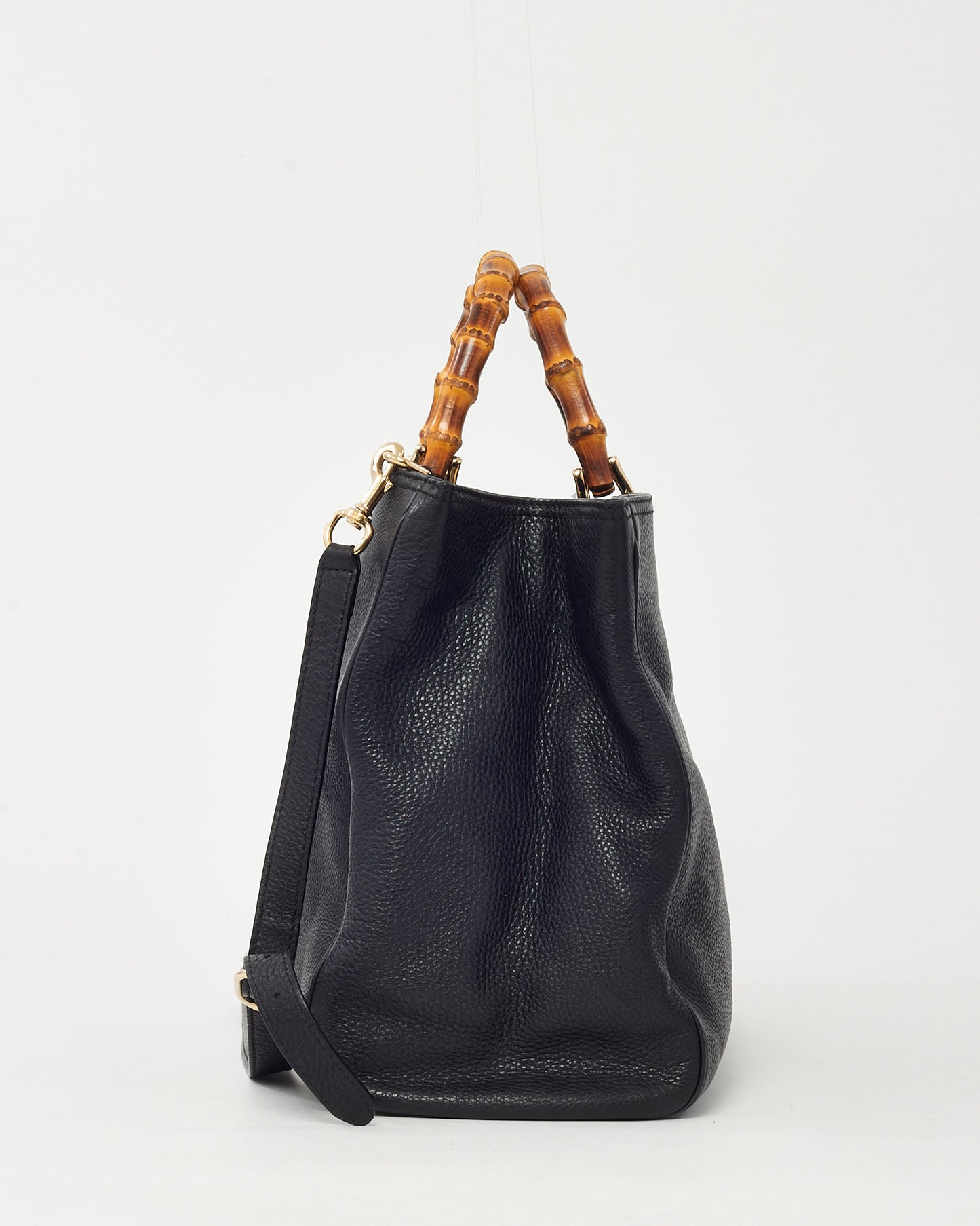 Gucci Black Pebbled Calfskin Leather Large Bamboo Handle Shopper Tote with Strap