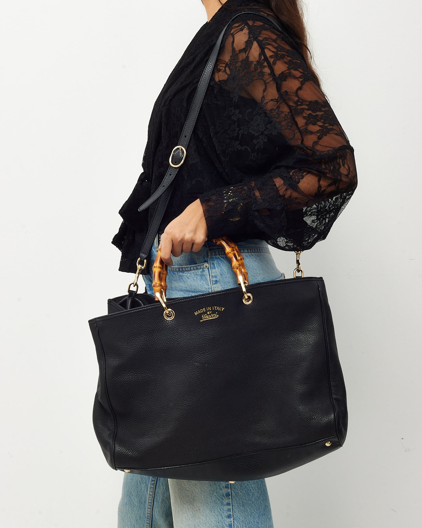 Gucci Black Pebbled Calfskin Leather Large Bamboo Handle Shopper Tote with Strap
