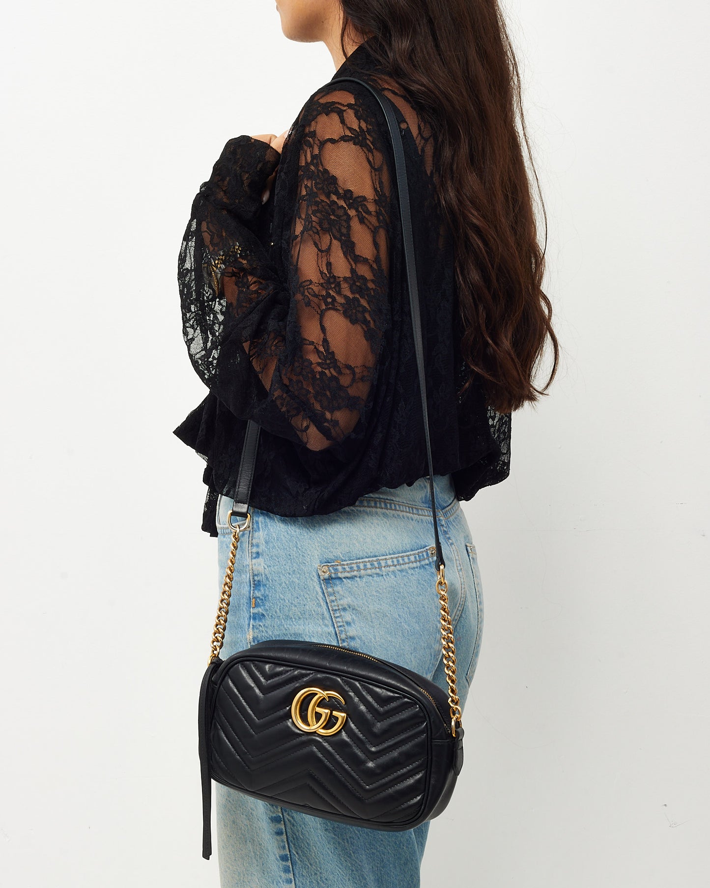 Gucci Black Matelassé Leather GG Marmont Small Camera Crossbody Bag