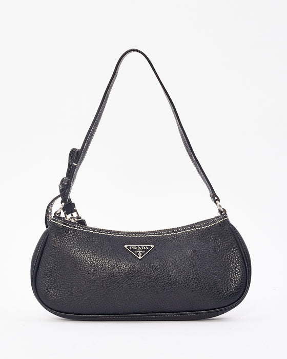 Prada Black Grained Leather with White Stitching Small Shoulder Bag