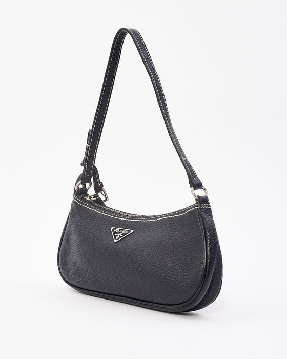 Prada Black Grained Leather with White Stitching Small Shoulder Bag